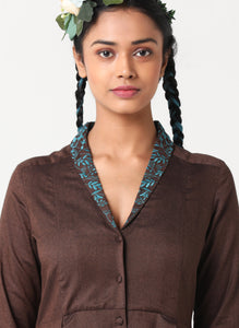 Brown embroidered dress with shawl collar