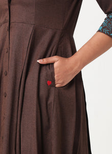 Brown embroidered dress with shawl collar