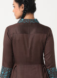 Brown embroidered dress with shawl collar