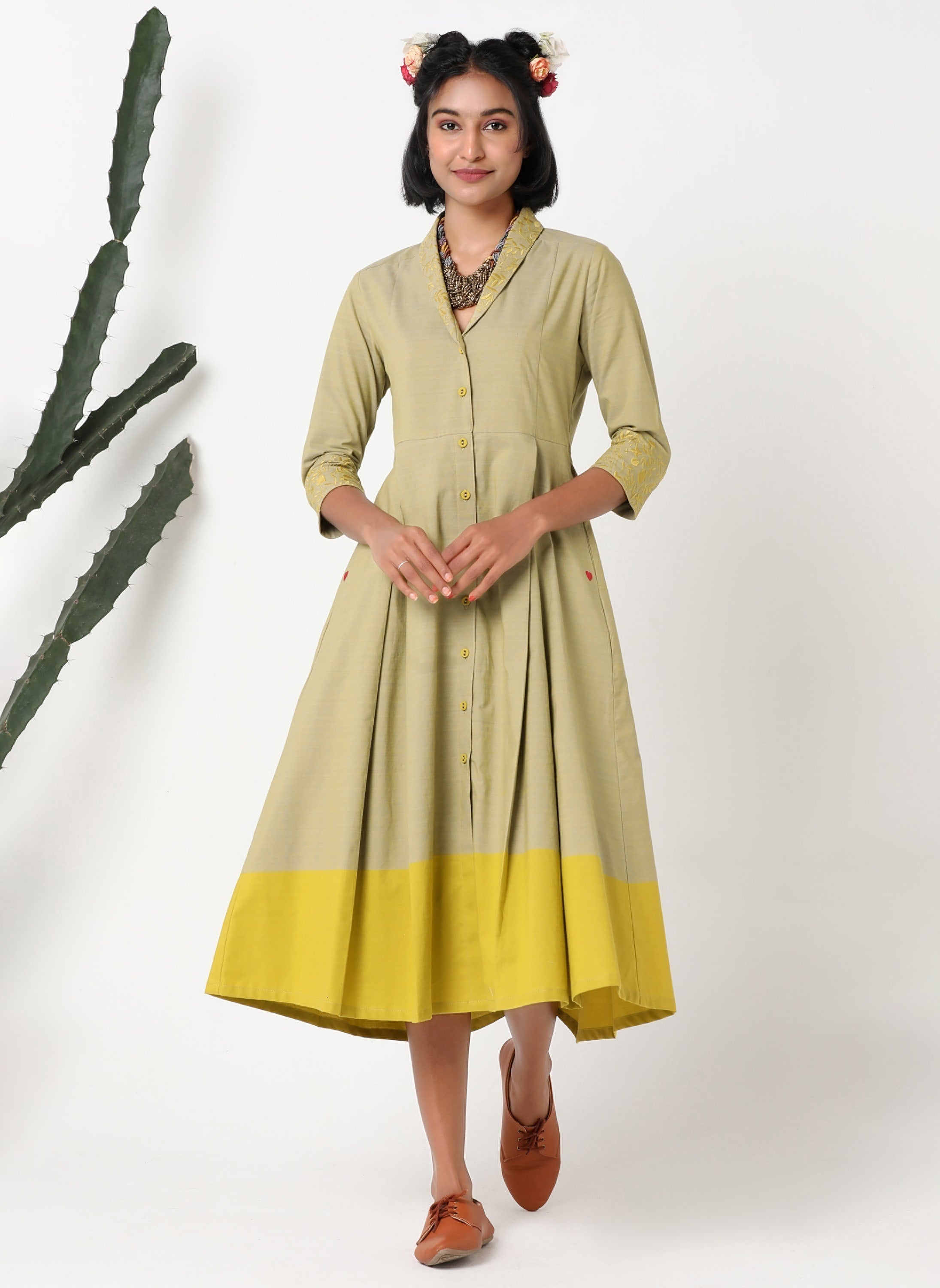Handloom cotton yellow shawl collar embroidered dress- MSG60B