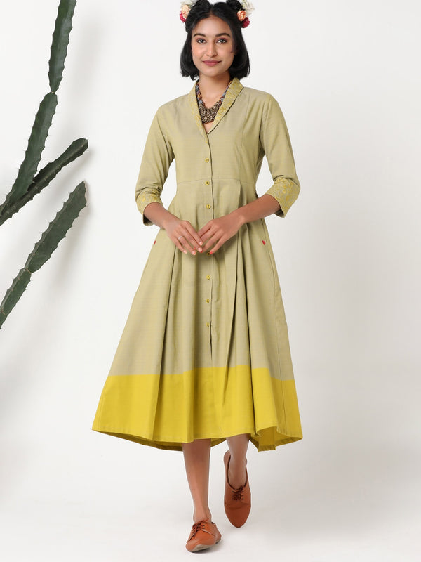 Handloom cotton yellow shawl collar embroidered dress- MSG60B