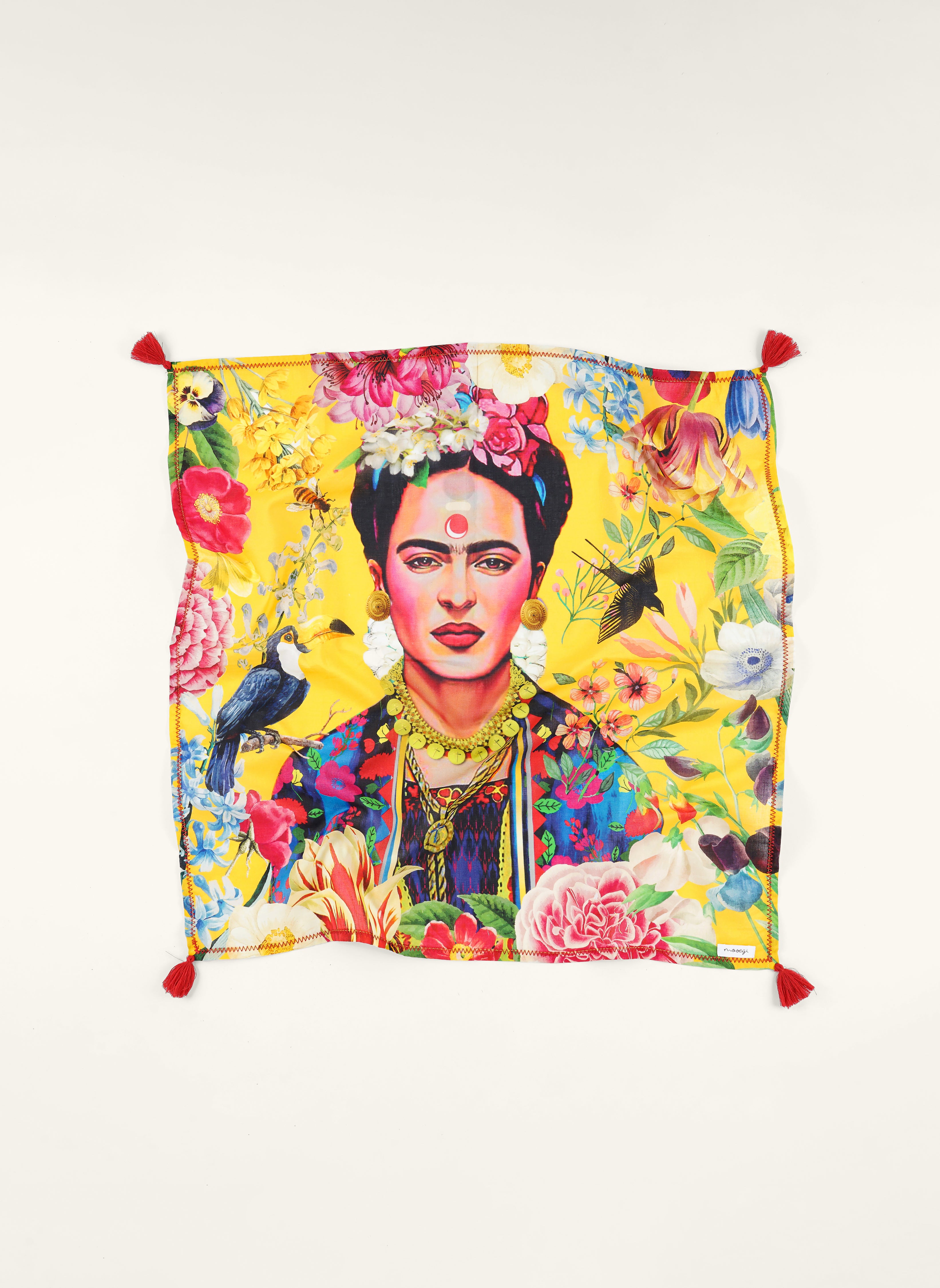 Yellow Frida Kahlo printed organic cotton scarf