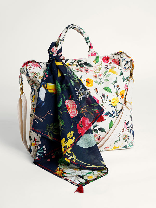 Navy floral printed organic cotton navy scarf